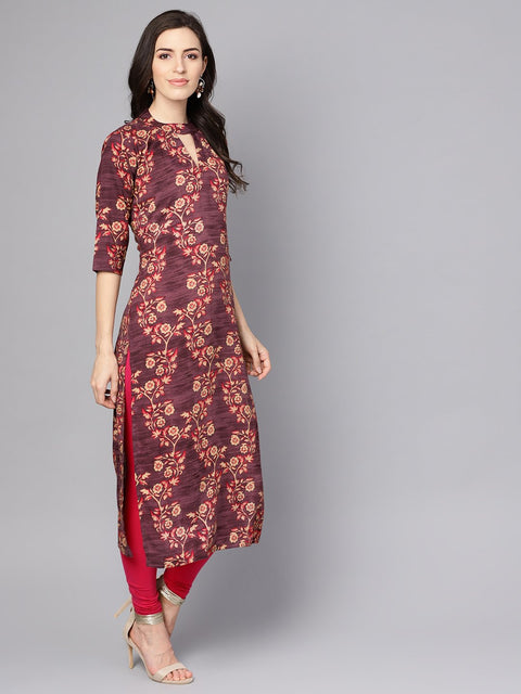 Purple & beige Floral printed Straight kurta with 3/4 sleeves