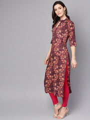Purple & beige Floral printed Straight kurta with 3/4 sleeves