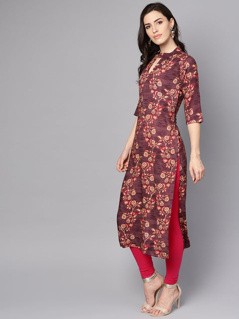 Purple & beige Floral printed Straight kurta with 3/4 sleeves