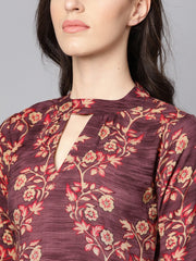 Purple & beige Floral printed Straight kurta with 3/4 sleeves