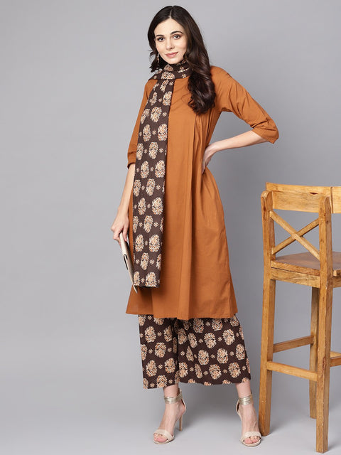 Solid Mustard Kurta set with Chocolate brown Printed Palazzo & Dupatta