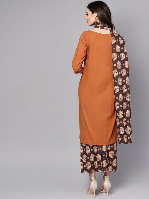 Solid Mustard Kurta set with Chocolate brown Printed Palazzo & Dupatta
