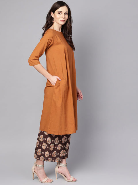 Solid Mustard Kurta set with Chocolate brown Printed Palazzo & Dupatta