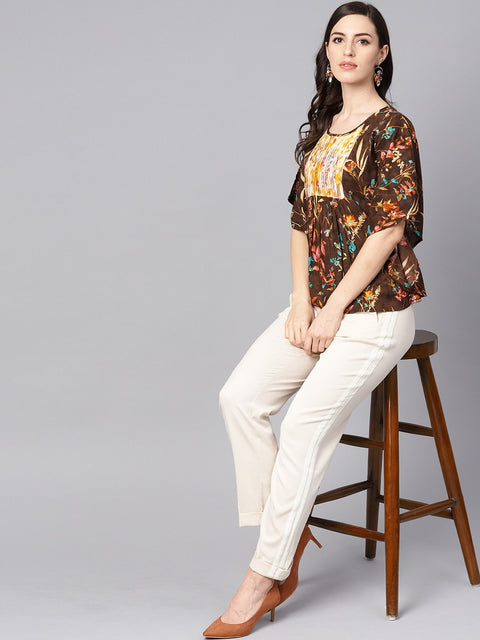 Chocolate Brown Multi colored  Kaftaan Top with Pleated Yoke