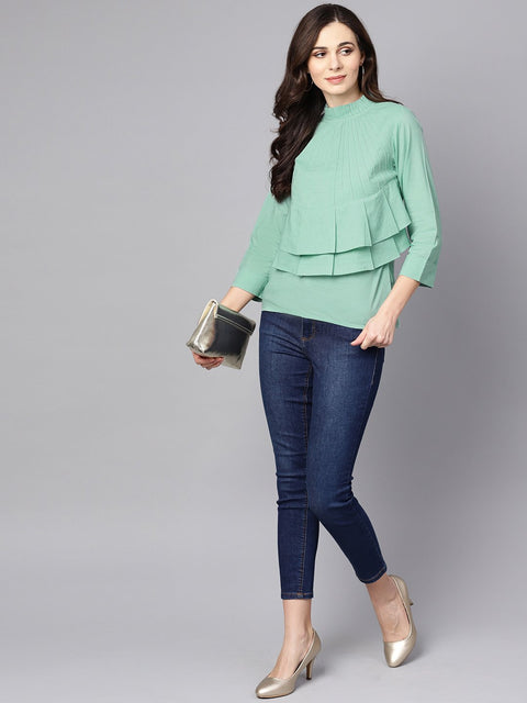 Pine Green top Detailed with Pleats & Ruffled neck