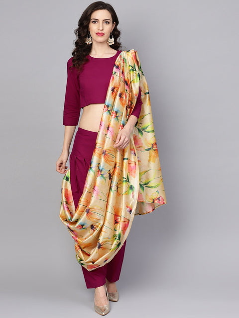 Pink printed palazzo saree with 3/4th sleeve round neck blouse