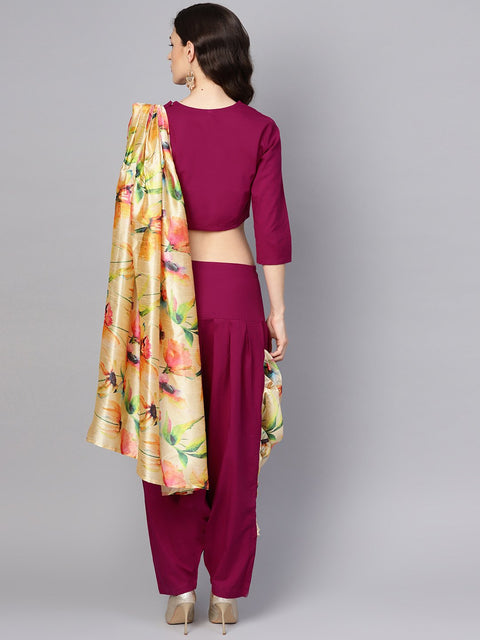 Pink printed palazzo saree with 3/4th sleeve round neck blouse