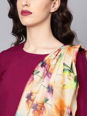 Pink printed palazzo saree with 3/4th sleeve round neck blouse