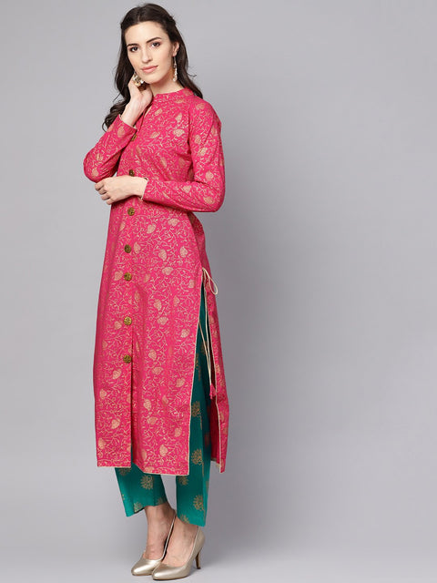 Megenta Gold printed kurta with solid green palazzo