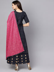 Navy blue three piece Kurta set with Palazzo & Megenta Dupatta