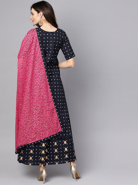 Navy blue three piece Kurta set with Palazzo & Megenta Dupatta