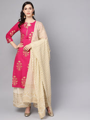 Cream Gold Printed Three Piece Kurta set With Palazzo & Dupatta