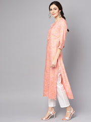Peach printed 3/4th sleeve kurta with dupatta and white palazzo
