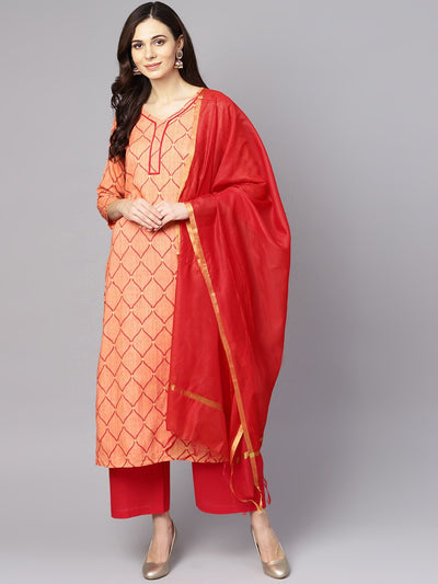 Red 3/4th sleeve rayon kurta with maroon palazzo and dupatta