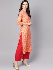 Red 3/4th sleeve rayon kurta with maroon palazzo and dupatta