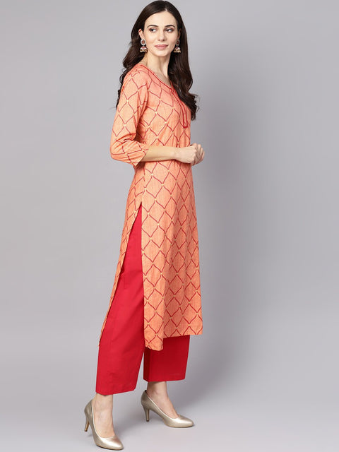 Red 3/4th sleeve rayon kurta with maroon palazzo and dupatta