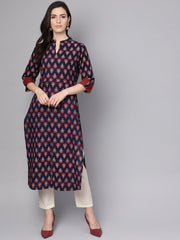 Blue printed 3/4th sleeve cotton straight kurta