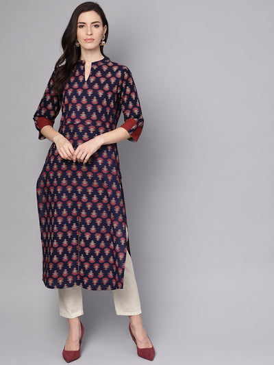 Blue printed 3/4th sleeve cotton straight kurta