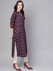 Blue printed 3/4th sleeve cotton straight kurta
