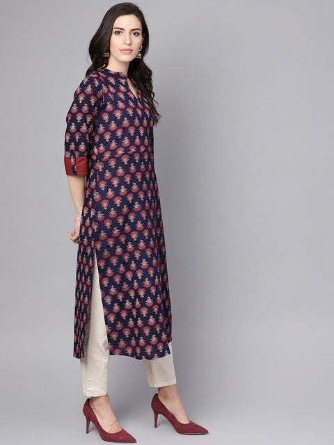 Blue printed 3/4th sleeve cotton straight kurta