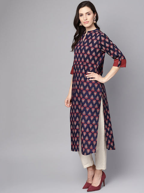 Blue printed 3/4th sleeve cotton straight kurta