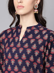 Blue printed 3/4th sleeve cotton straight kurta