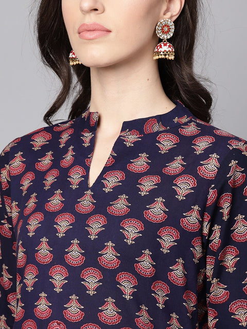 Blue printed 3/4th sleeve cotton straight kurta