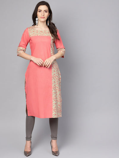 Pink printed 3/4th sleeve cotton kurta