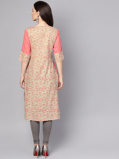 Pink printed 3/4th sleeve cotton kurta