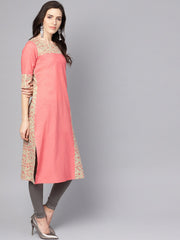 Pink printed 3/4th sleeve cotton kurta