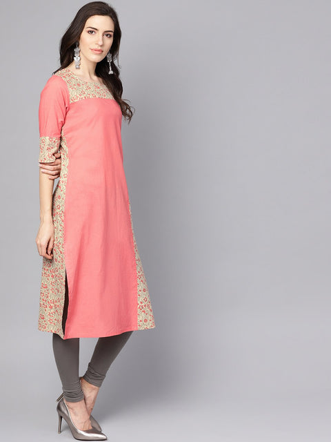 Pink printed 3/4th sleeve cotton kurta