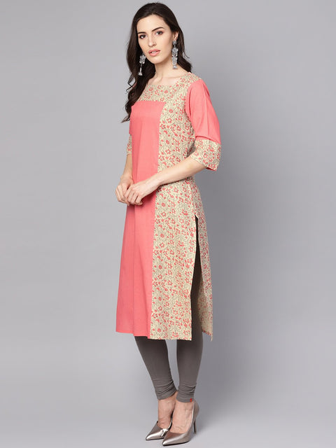 Pink printed 3/4th sleeve cotton kurta