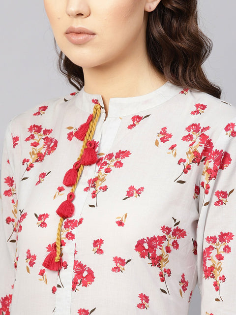 Women Grey & Pink Printed Straight Kurta