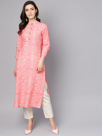 Pink printed full sleeve cotton straight kurta