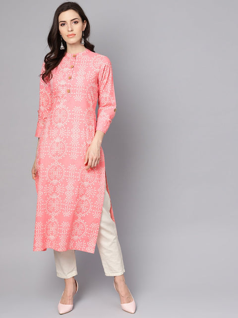 Pink printed full sleeve cotton straight kurta