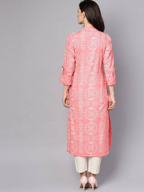 Pink printed full sleeve cotton straight kurta