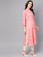 Pink printed full sleeve cotton straight kurta