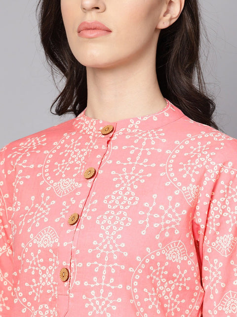 Pink printed full sleeve cotton straight kurta