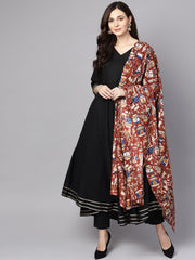 Black 3/4th sleeve cotton kurta with palazzo and printed dupatta