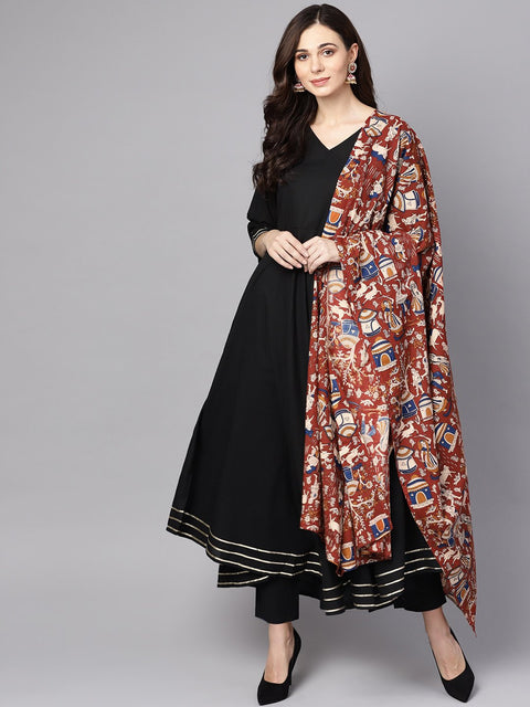 Black 3/4th sleeve cotton kurta with palazzo and printed dupatta