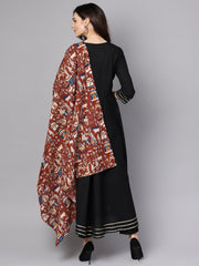 Black 3/4th sleeve cotton kurta with palazzo and printed dupatta