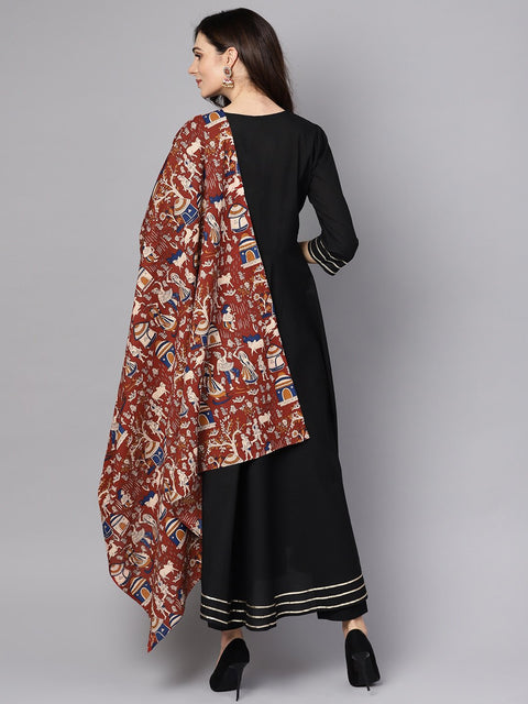 Black 3/4th sleeve cotton kurta with palazzo and printed dupatta