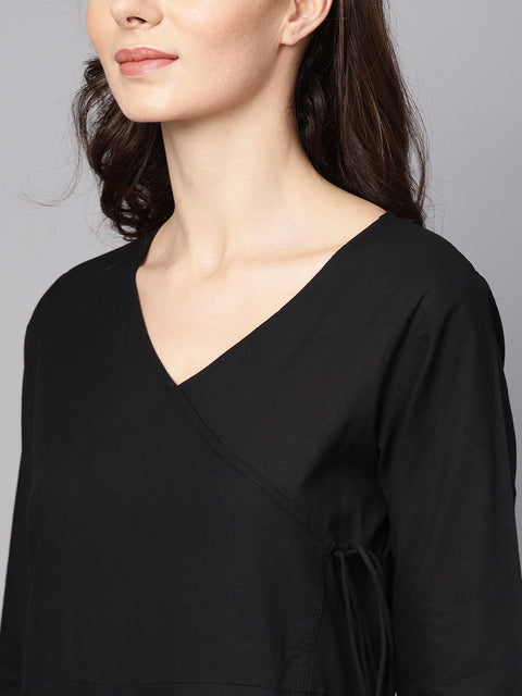 Black 3/4th sleeve cotton kurta with palazzo and printed dupatta