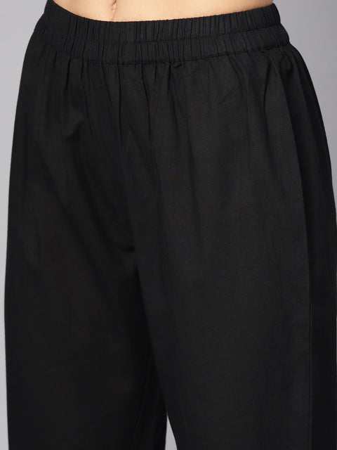 Black 3/4th sleeve cotton kurta with palazzo and printed dupatta