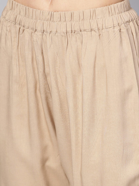 Beige 3/4th sleeve Rayon Kurta with ankle length palazzo and printed dupatta