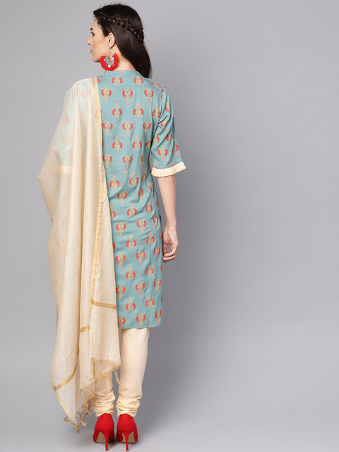 Green printed half sleeve cotton kurta with beige churidar and dupatta