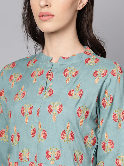 Green printed half sleeve cotton kurta with beige churidar and dupatta