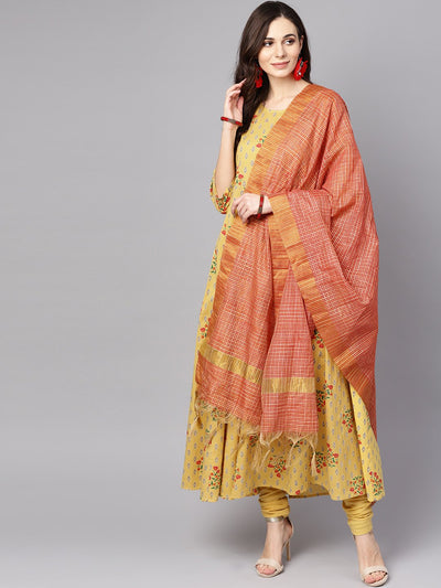 Yellow 3/4th sleeve cotton Anarkali kurta with churidar and dupatta