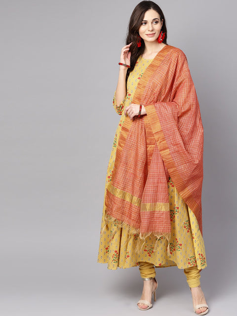 Yellow 3/4th sleeve cotton Anarkali kurta with churidar and dupatta