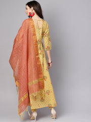 Yellow 3/4th sleeve cotton Anarkali kurta with churidar and dupatta